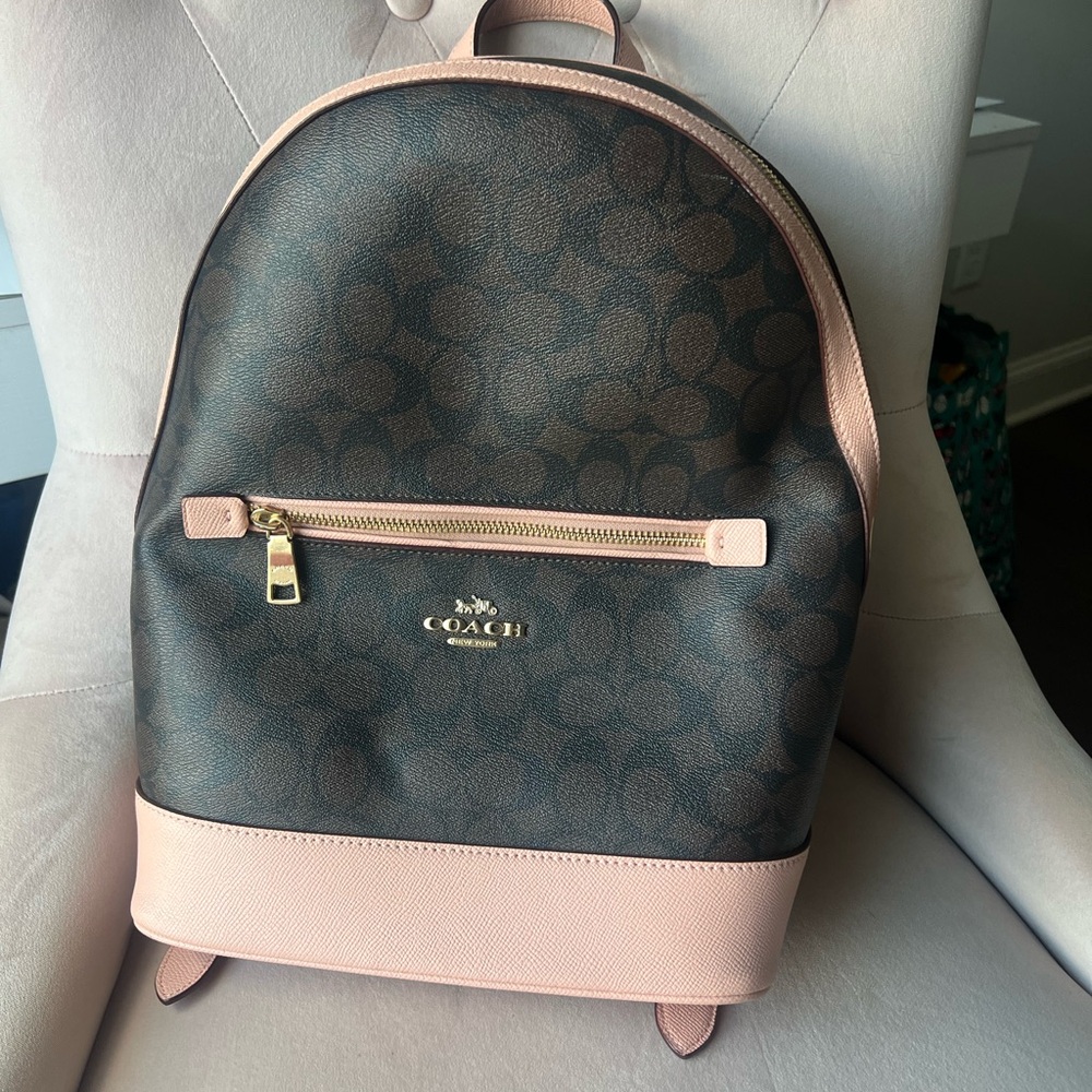 Coach Dark Brown Signature Canvas and Blush Pink Leather Backpack